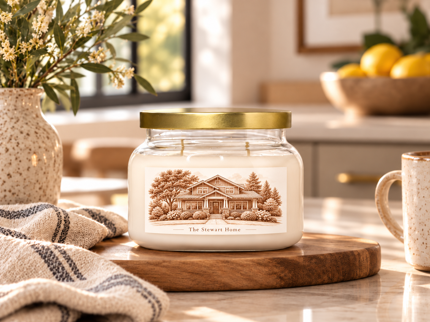 The Apothecary Candle with a personalized Craftsman home illustration