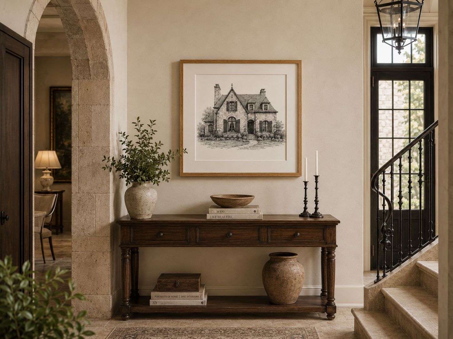 Framed pen and ink portrait displayed in a bright modern bedroom