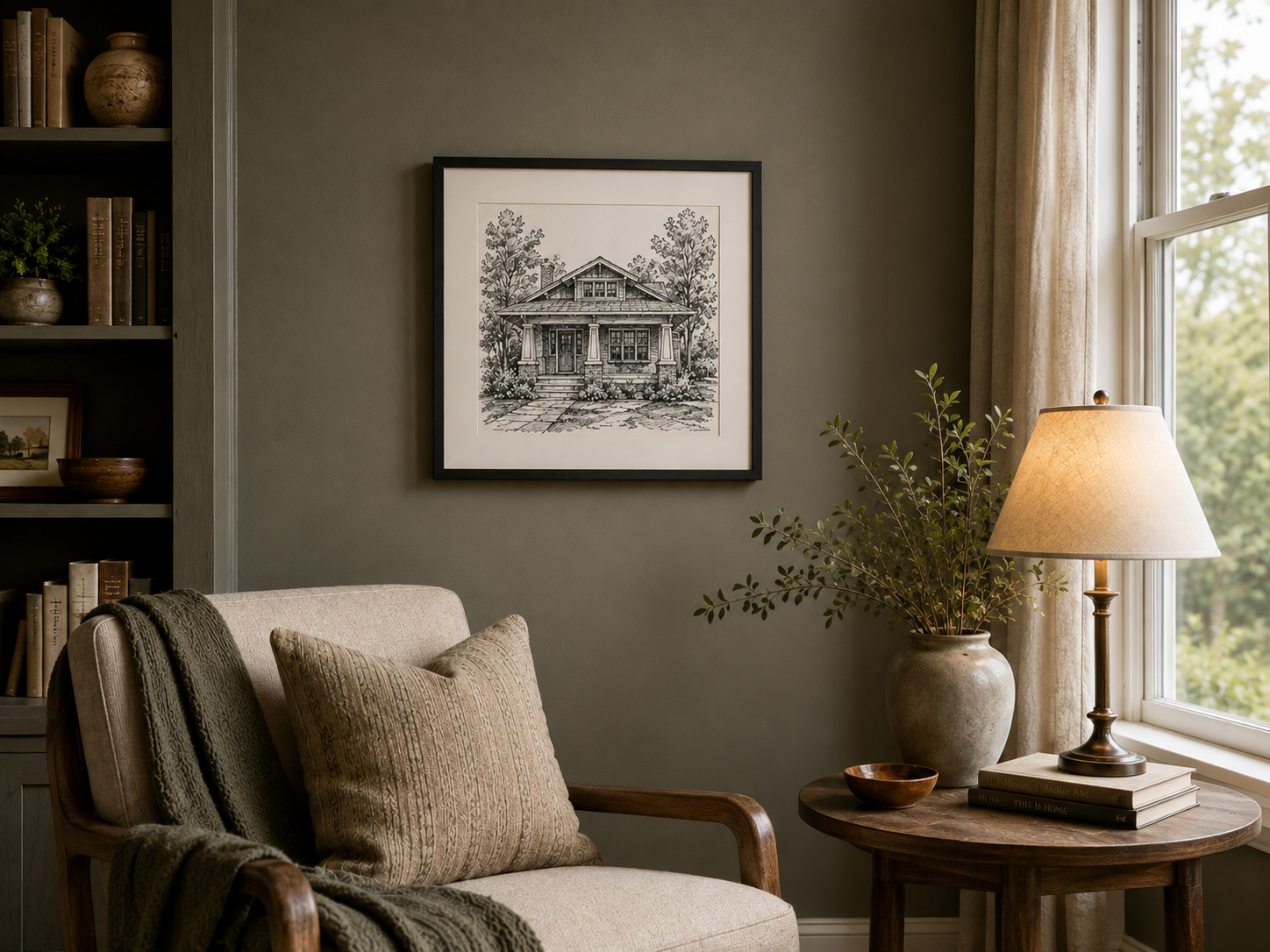 Framed pen and ink portrait displayed in a modern stair hall