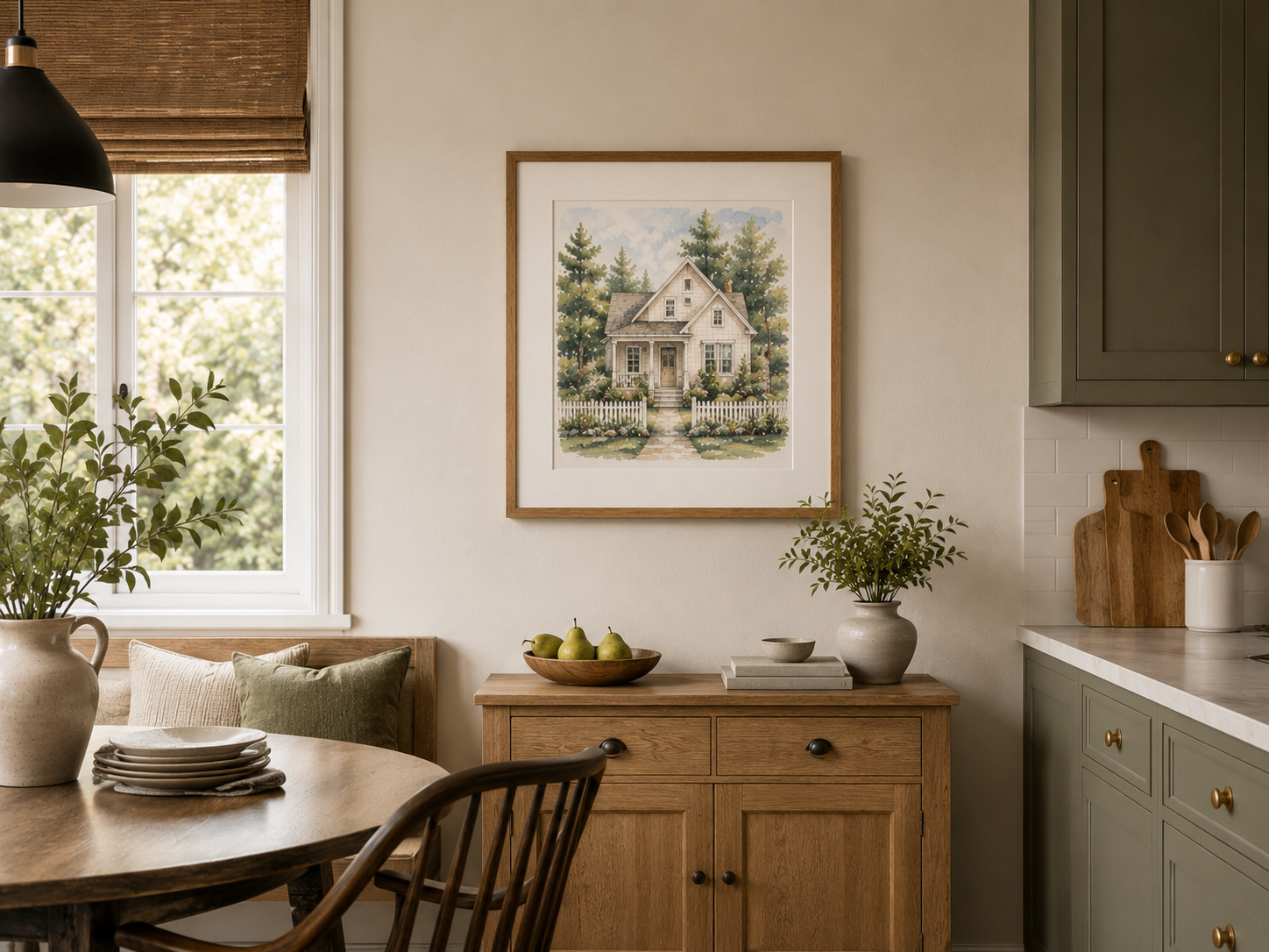 Framed watercolor portrait of a modern home displayed in a warm contemporary living room