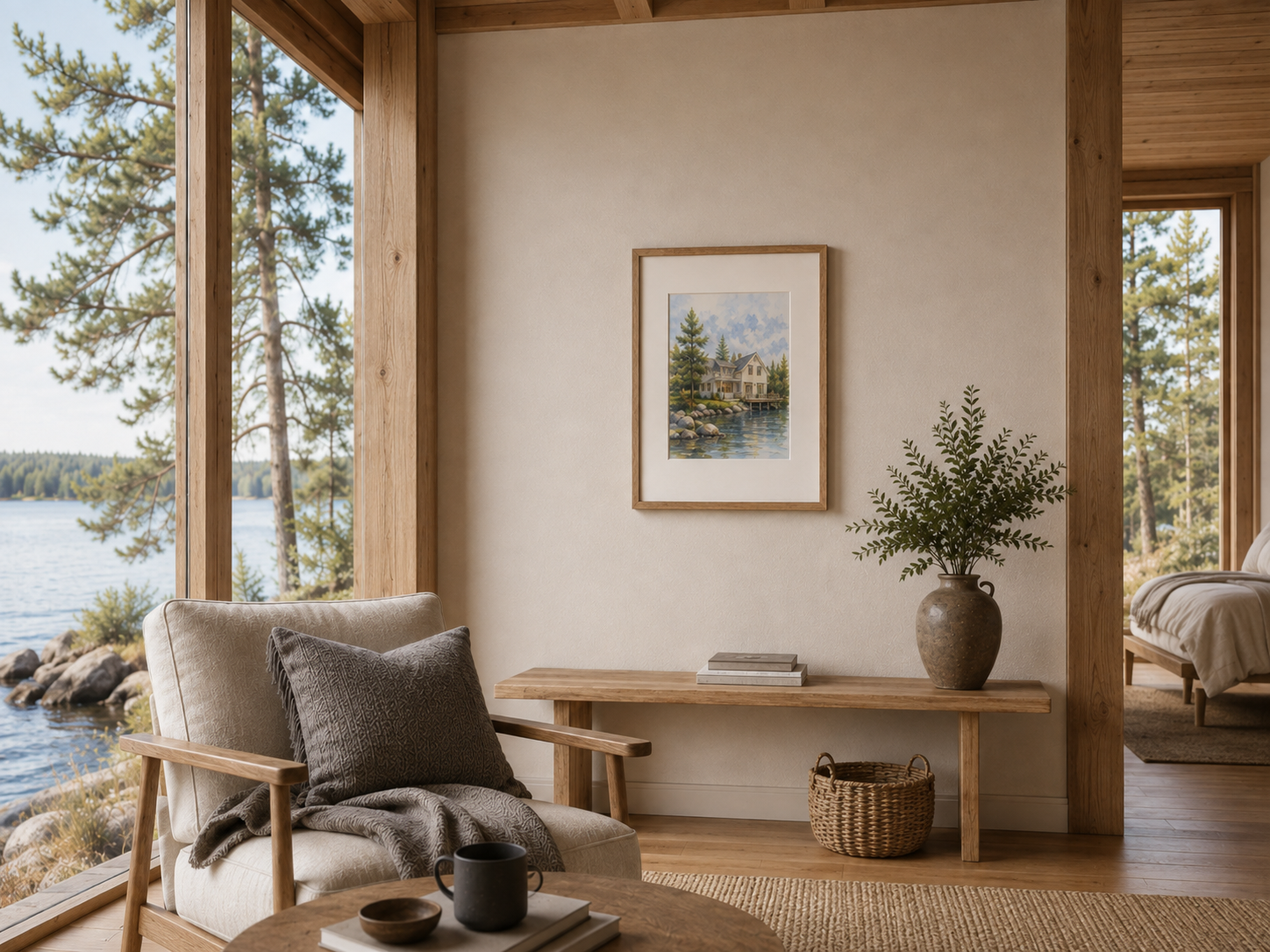 Framed watercolor portrait of a craftsman home displayed beside a reading chair