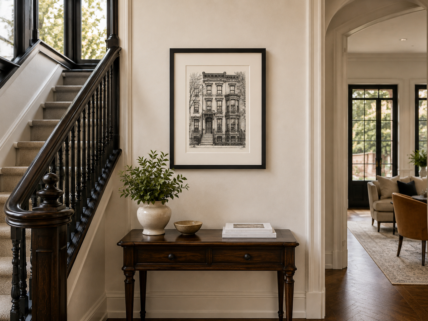 Framed pen and ink home portrait displayed in a modern interior