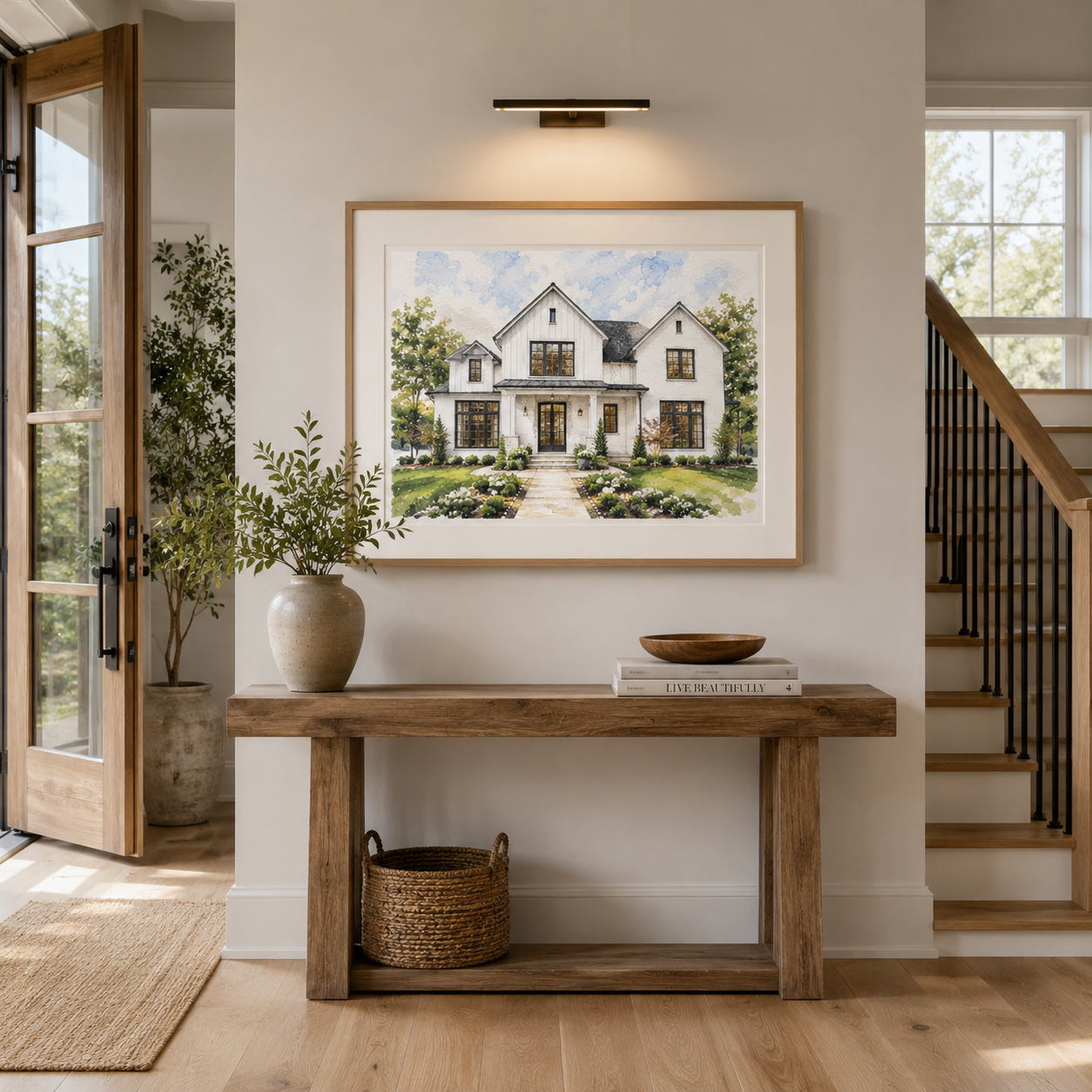 Framed watercolor home portrait displayed in a modern interior