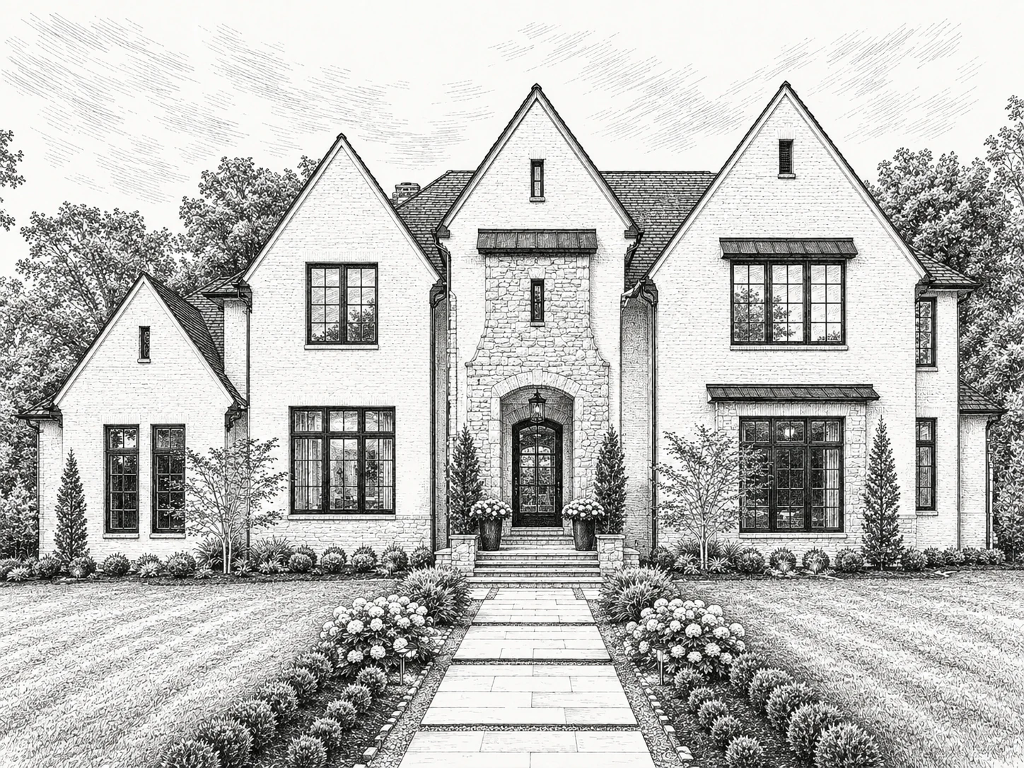 Detailed pen and ink portrait transformed from the same elegant white gabled home photograph