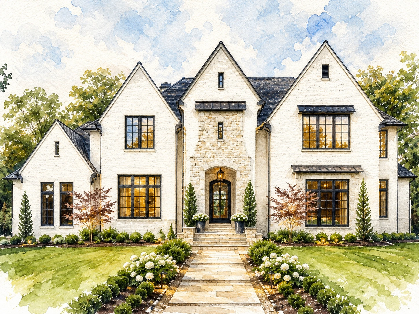Watercolor portrait accurately transformed from the same elegant white gabled home photograph