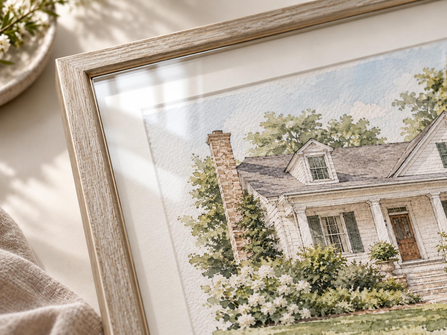 Close-up of framed watercolor portrait under clear acrylic glazing