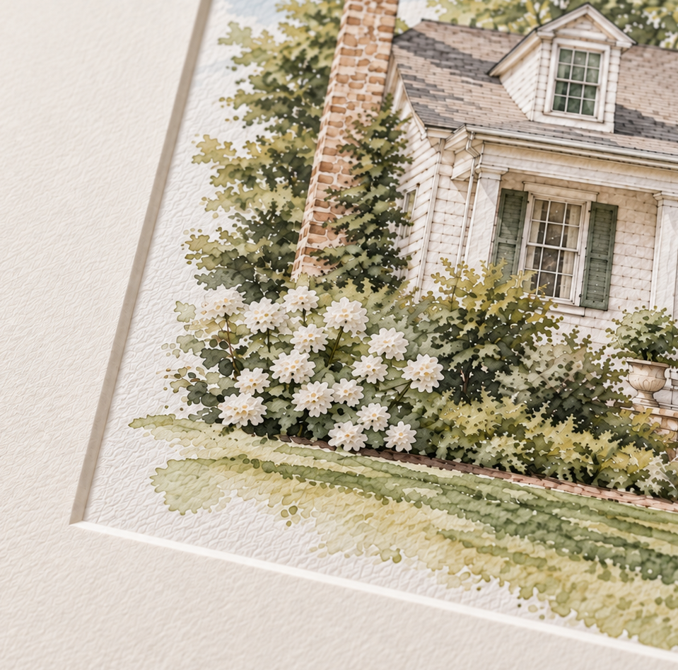 Close-up of off-white mat surrounding a watercolor house portrait inside a natural oak frame