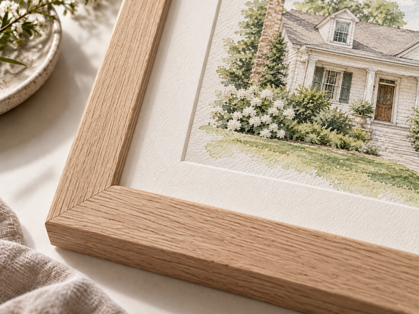 Close-up of natural oak solid wood frame corner with matted watercolor house portrait